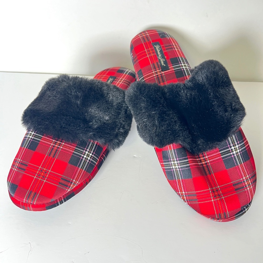 Victorias Secret Red Plaid Faux‎ Fur Satin Slide Slippers Womens Size Medium M